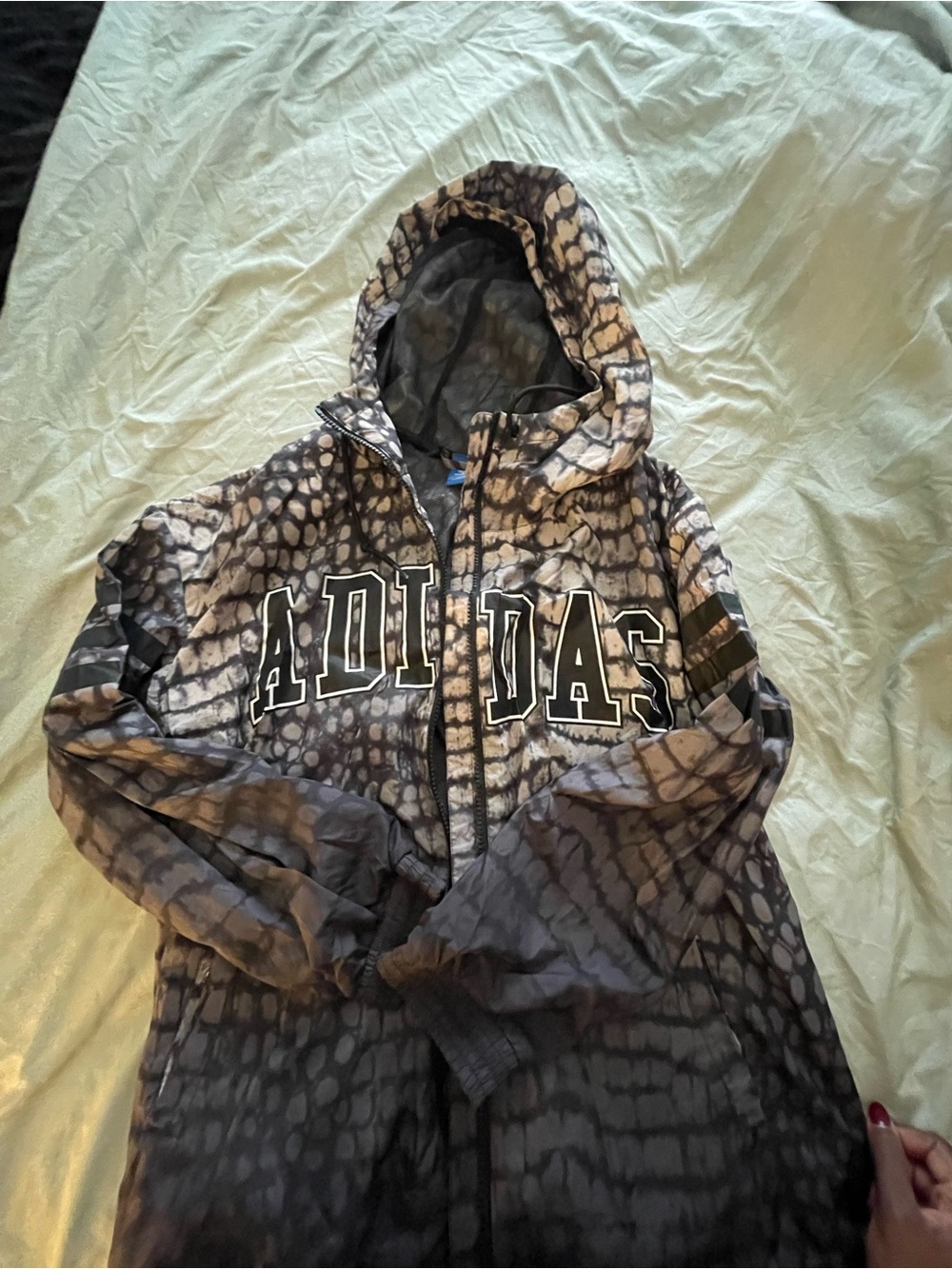 adidas Kids Hooded Rain Jacket in Brown and Gray Animal Print